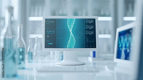 Futuristic laboratory filled with cutting-edge implements and technology, holographic software displays, advanced tools, and innovative reagents in action photo