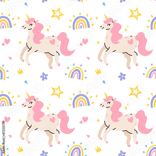 Cute pattern with unicorns, rainbow, stars, vector seamless pattern