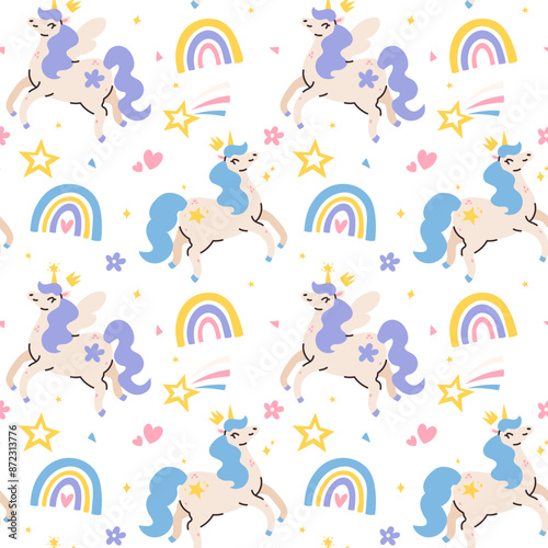 Cute pattern with unicorns, rainbow, stars, vector seamless pattern