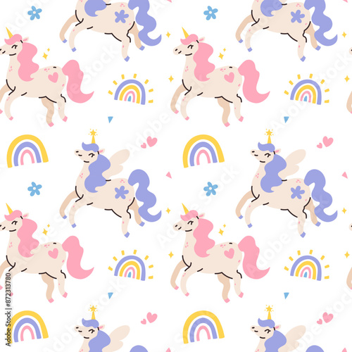Cute pattern with unicorns, rainbow, stars, vector seamless pattern