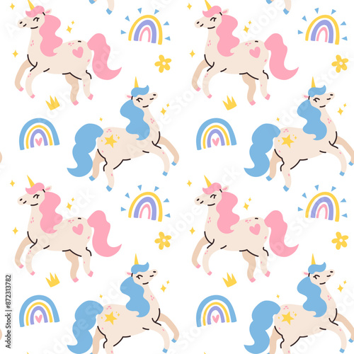 Cute pattern with unicorns, rainbow, stars, vector seamless pattern