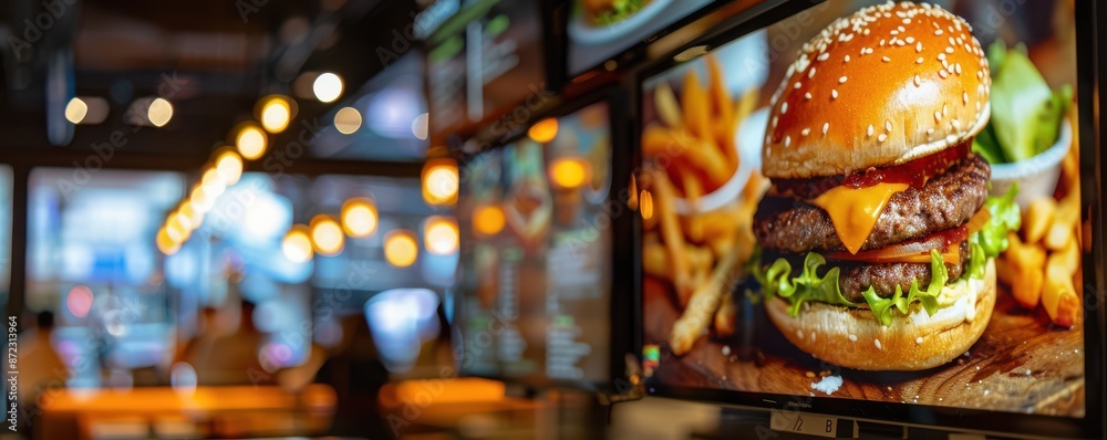 Digital display showing a delicious burger menu in a modern restaurant setting. Free copy space for text. Digital display showing a delicious burger menu in a modern restaurant setting. Free copy space for text.