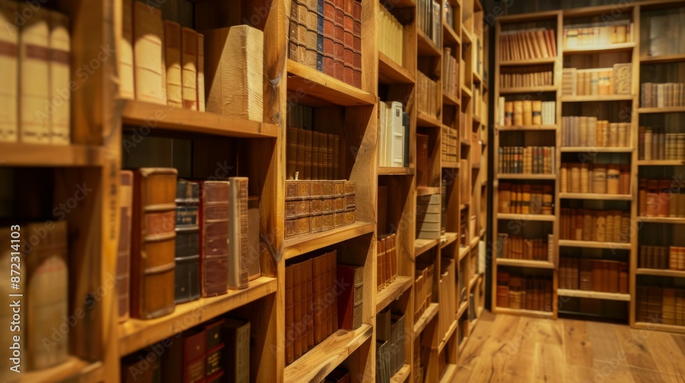 This image showcases a beautifully arranged, dimly lit wooden library with shelves filled with various old books, creating a warm and cozy ambiance perfect for reading. This image showcases a beautifully arranged, dimly lit wooden library with shelves filled with various old books, creating a warm and cozy ambiance perfect for reading.