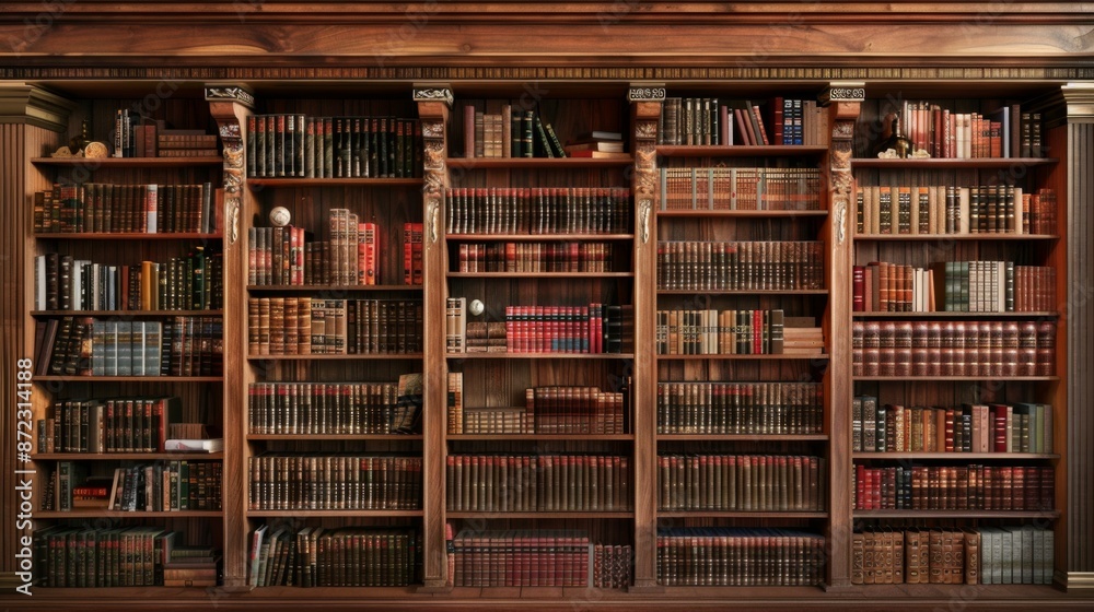 This image presents an elegant setup of old books neatly arranged on a sophisticated wooden bookshelf, representing a sense of tradition and classic literary style. This image presents an elegant setup of old books neatly arranged on a sophisticated wooden bookshelf, representing a sense of tradition and classic literary style.