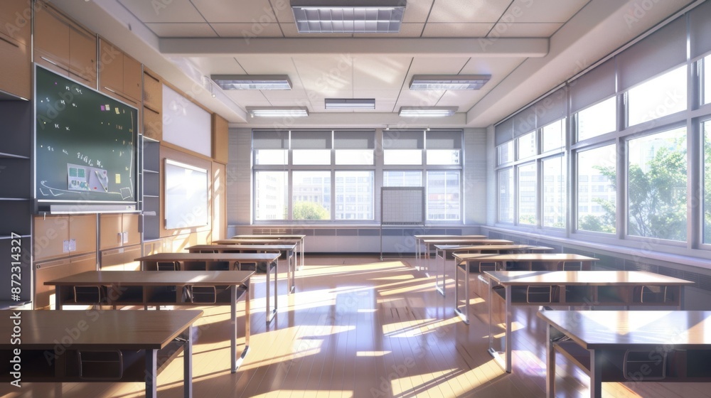 A contemporary classroom featuring spacious seating arrangements, modern furniture, and ample natural light from large windows, fostering an open and productive educational environment. A contemporary classroom featuring spacious seating arrangements, modern furniture, and ample natural light from large windows, fostering an open and productive educational environment.