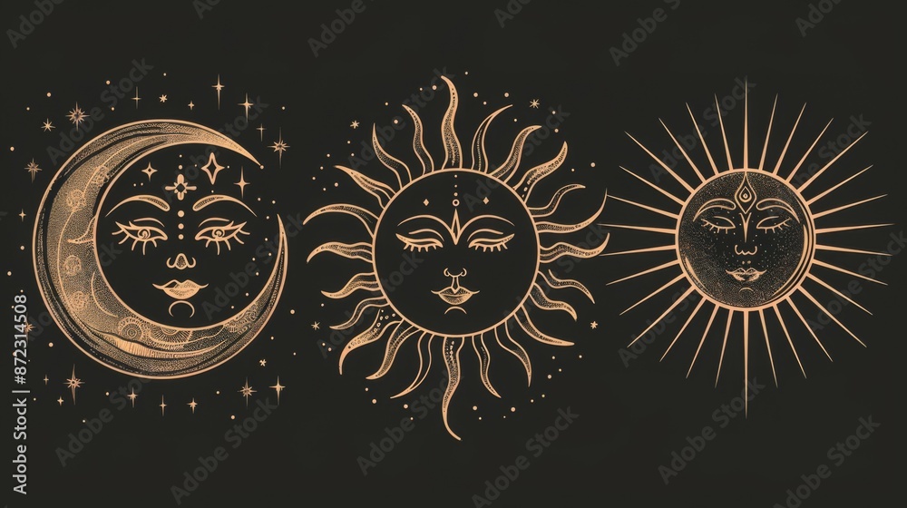 This image showcases a stylized sun, moon, and stars on a black background, with intricate details and ornate patterns, ideal for cosmic and celestial themes.