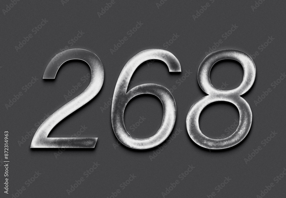 Chrome metal 3D number design of 268 on grey background. Chrome metal 3D number design of 268 on grey background.