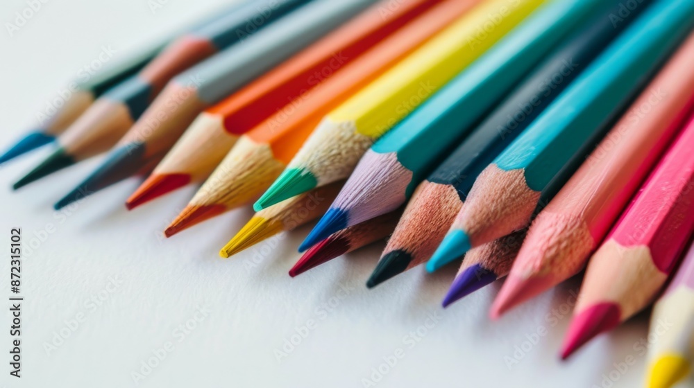 Close-up of multiple colored pencils neatly arranged in a row on a white paper background, highlighting the vivid and varied colors suitable for artistic and educational purposes. Close-up of multiple colored pencils neatly arranged in a row on a white paper background, highlighting the vivid and varied colors suitable for artistic and educational purposes.