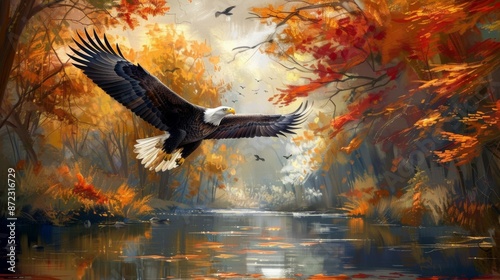An eagle is depicted taking flight over a quiet river, surrounded by a vibrant fall forest, showcasing the magnificent blend of wildlife and autumnal beauty. photo