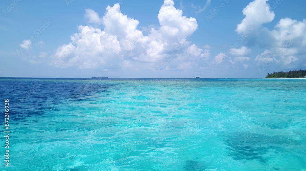 A breathtaking view of crystal clear turquoise ocean waters stretching to the horizon beneath a sky filled with fluffy white clouds, evoking a sense of tranquility and freedom. A breathtaking view of crystal clear turquoise ocean waters stretching to the horizon beneath a sky filled with fluffy white clouds, evoking a sense of tranquility and freedom.