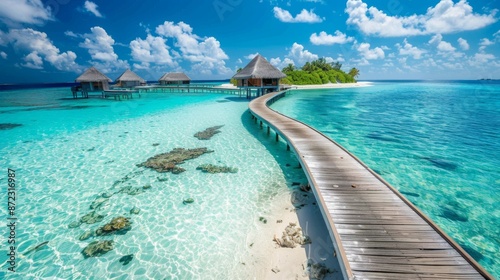 A picturesque image showcasing overwater bungalows connected by a curved wooden boardwalk in a tropical paradise with crystal clear waters, white sandy beaches, and lush greenery. photo