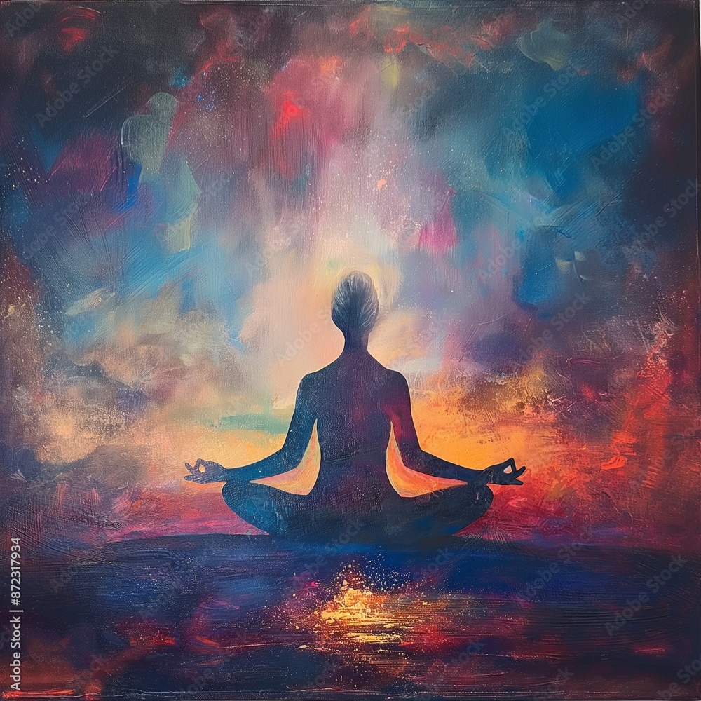 An abstract painting depicting a figure in a meditative pose. The colorful background adds depth, portraying tranquility and mindfulness. An abstract painting depicting a figure in a meditative pose. The colorful background adds depth, portraying tranquility and mindfulness.