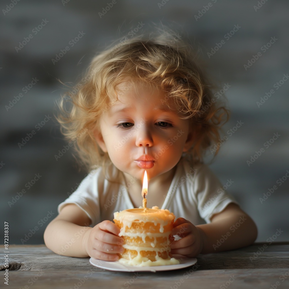 A young child with curly hair is seen blowing out a single lit candle on a small, layered cake, capturing a sweet birthday celebration moment in a cozy setting. A young child with curly hair is seen blowing out a single lit candle on a small, layered cake, capturing a sweet birthday celebration moment in a cozy setting.