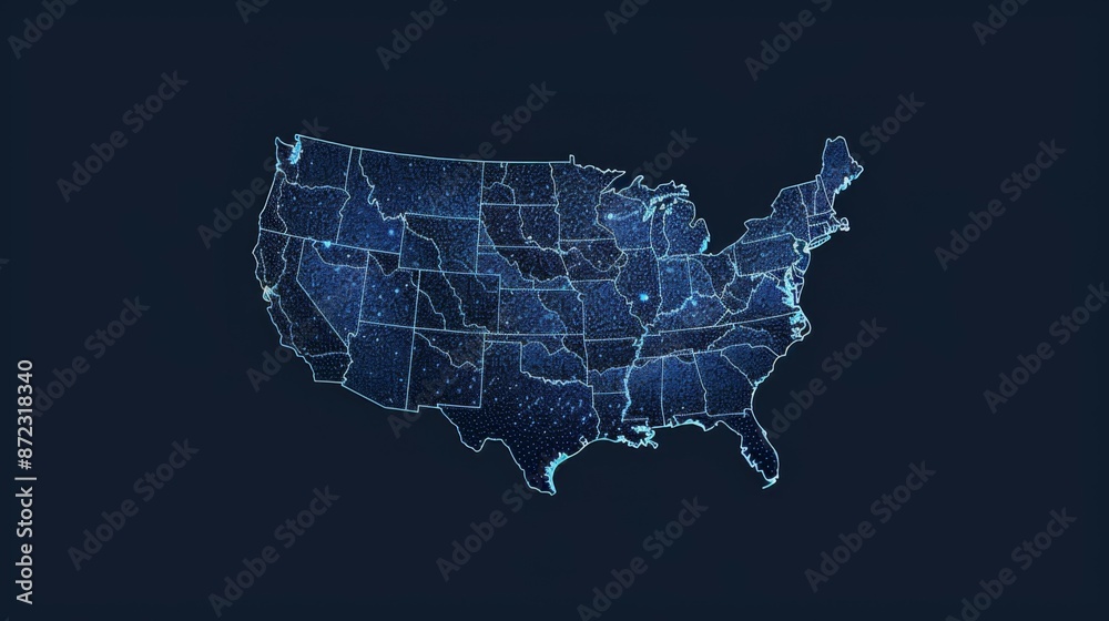 Fototapeta premium A detailed map of the United States created using blue dots, with highlights marking different regions and states, providing a modern and technological appearance.