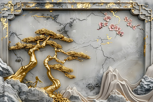 Volumetric stucco molding on a concrete wall with golden elements, Japanese landscape
