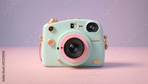A stylish vintage-inspired instant camera in pastel colors, featuring a mint green body with pink accents and gold details. The camera is positioned against a softly lit, minimalist background 