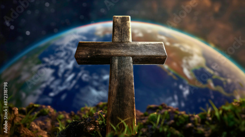 Closeup of wooden cross, planet earth globe in background. Christianity or Jesus Christ religion gospel spreading from bible, church missionary, evangelism and fellowship together, great commission