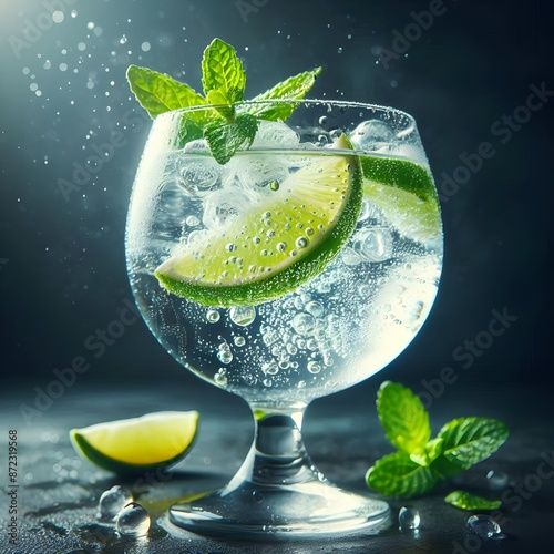 Refreshing Gin and Tonic Cocktail with Lime and Mint – Close-Up Summer Drink