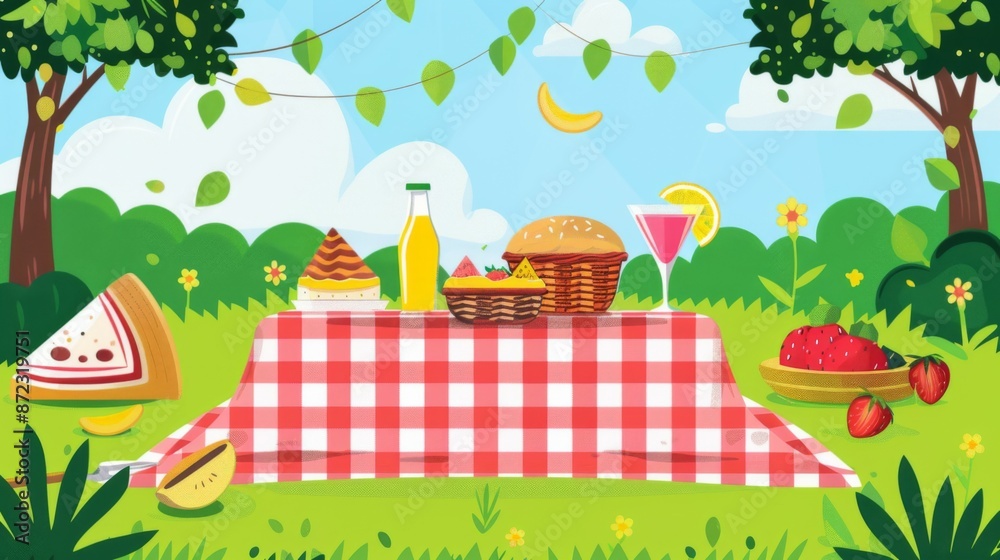 Naklejka premium A vibrant outdoor picnic scene with a table covered in a red-and-white checkered cloth, featuring a variety of foods and drinks, set in a colorful and lush green environment.