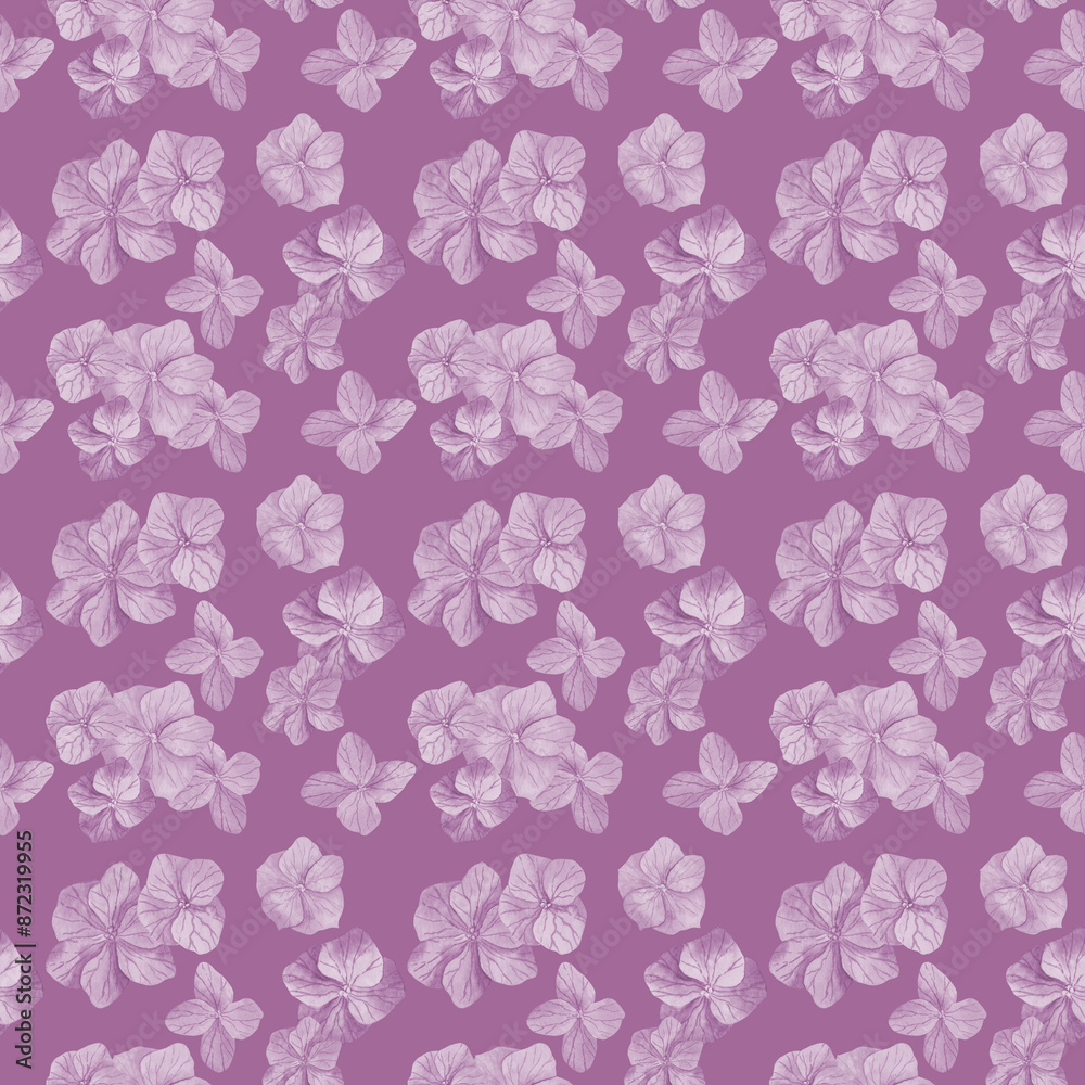 Floral pattern with hydrangea flowers in pastel purple color palette. Seamless design for fabric, wrapping paper, home textile, wallpaper and more. Flowers are painted with watercolors and toned. Floral pattern with hydrangea flowers in pastel purple color palette. Seamless design for fabric, wrapping paper, home textile, wallpaper and more. Flowers are painted with watercolors and toned.