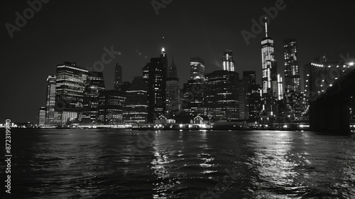 This visually striking black and white artwork captures the city skyline illuminated at night, emphasizing the bustling urban environment and the electric, invigorating energy of the city.