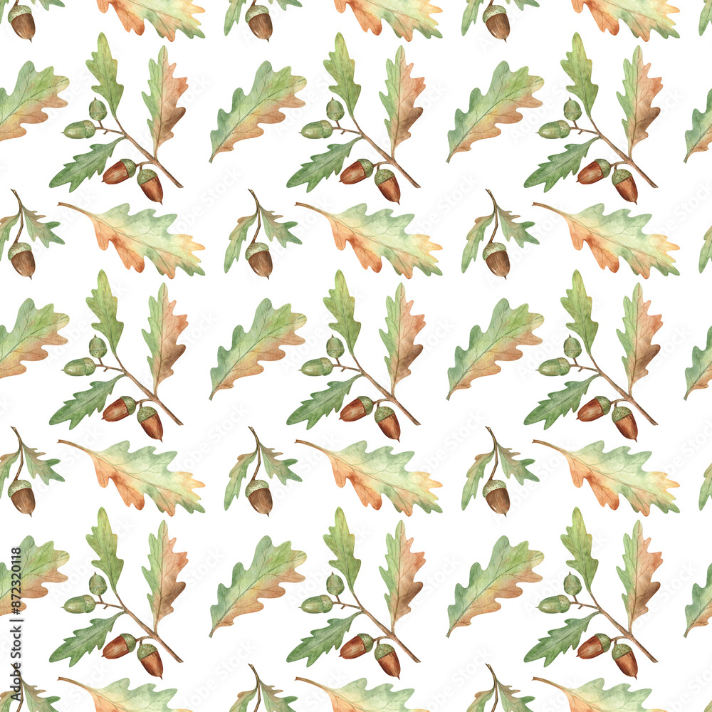 Acorns and oak leaves seamless pattern design on transparent background; watercolor illustration. Elegant foliate pattern for autumn season. Perfect for fabric and wrapping paper Acorns and oak leaves seamless pattern design on transparent background; watercolor illustration. Elegant foliate pattern for autumn season. Perfect for fabric and wrapping paper