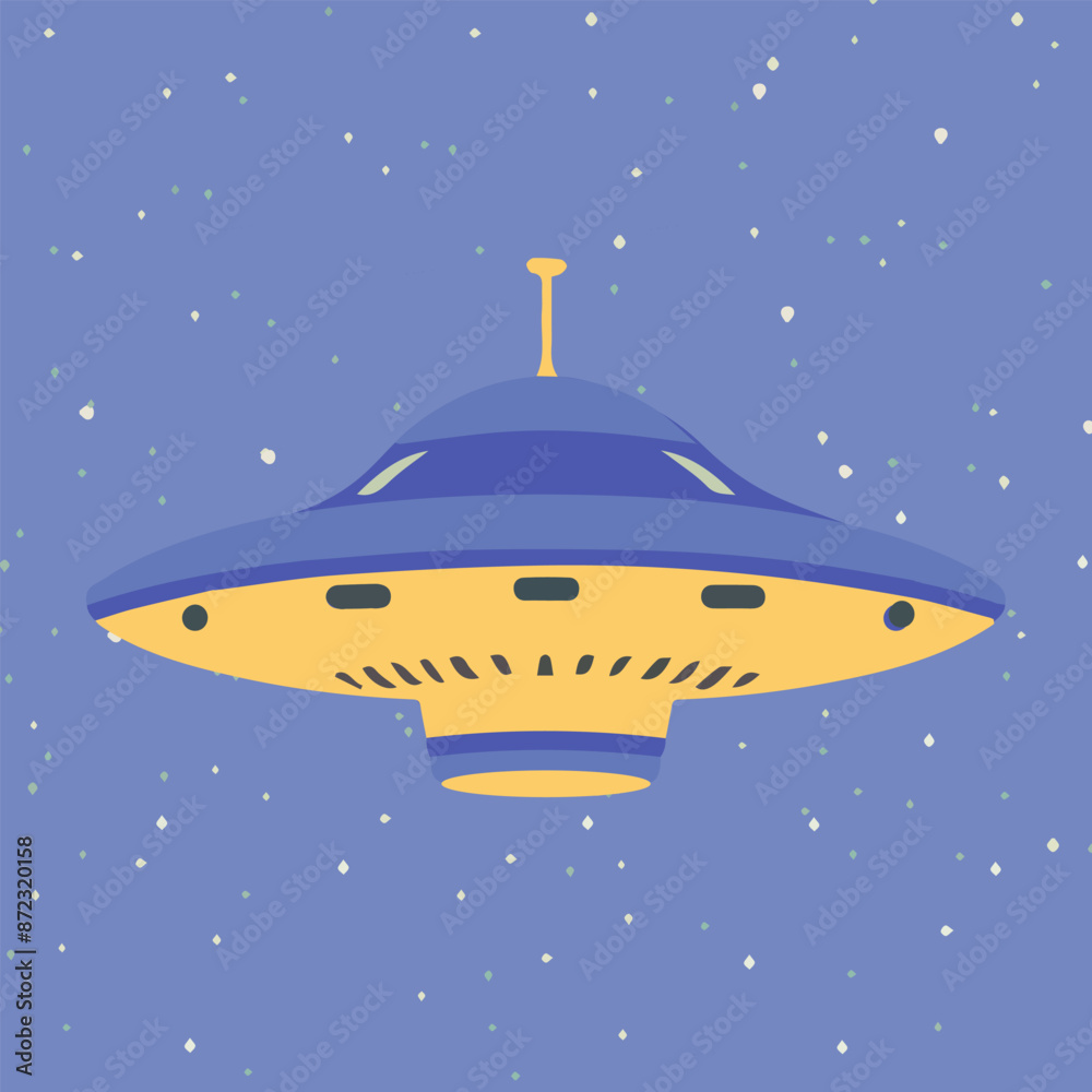 UFO plate. Unknown flying object on isolated blue starry background. Vector illustration cartoon flat design. UFO plate. Unknown flying object on isolated blue starry background. Vector illustration cartoon flat design.