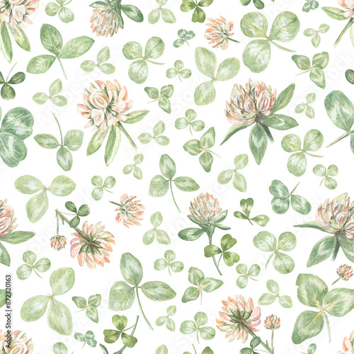 White clover seamless pattern. Elegant floral design, watercolor hand drawn clover flowers and leaves isolated on transparent. For fabric, home textile, wallpaper, wrapping paper