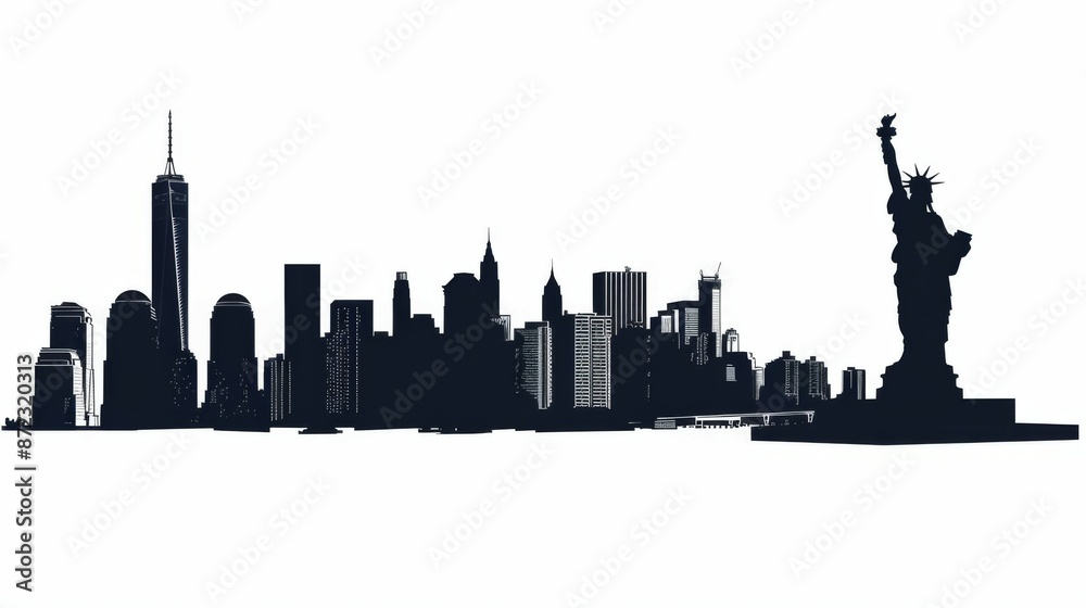 © Gia - A black-and-white silhouette of New York City skyline with prominent buildings and the Statue of Liberty positioned on the far right side.