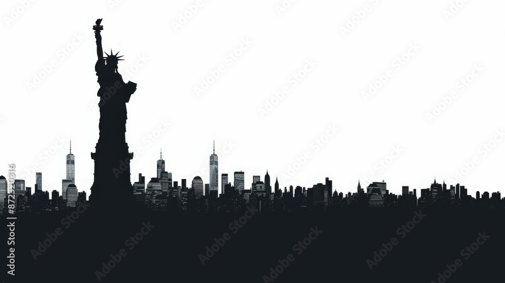 The New York City skyline appears in silhouette with the Statue of ...