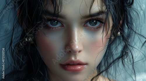 Close Up Portrait of a Young Woman With Wet Hair and Green Eyes