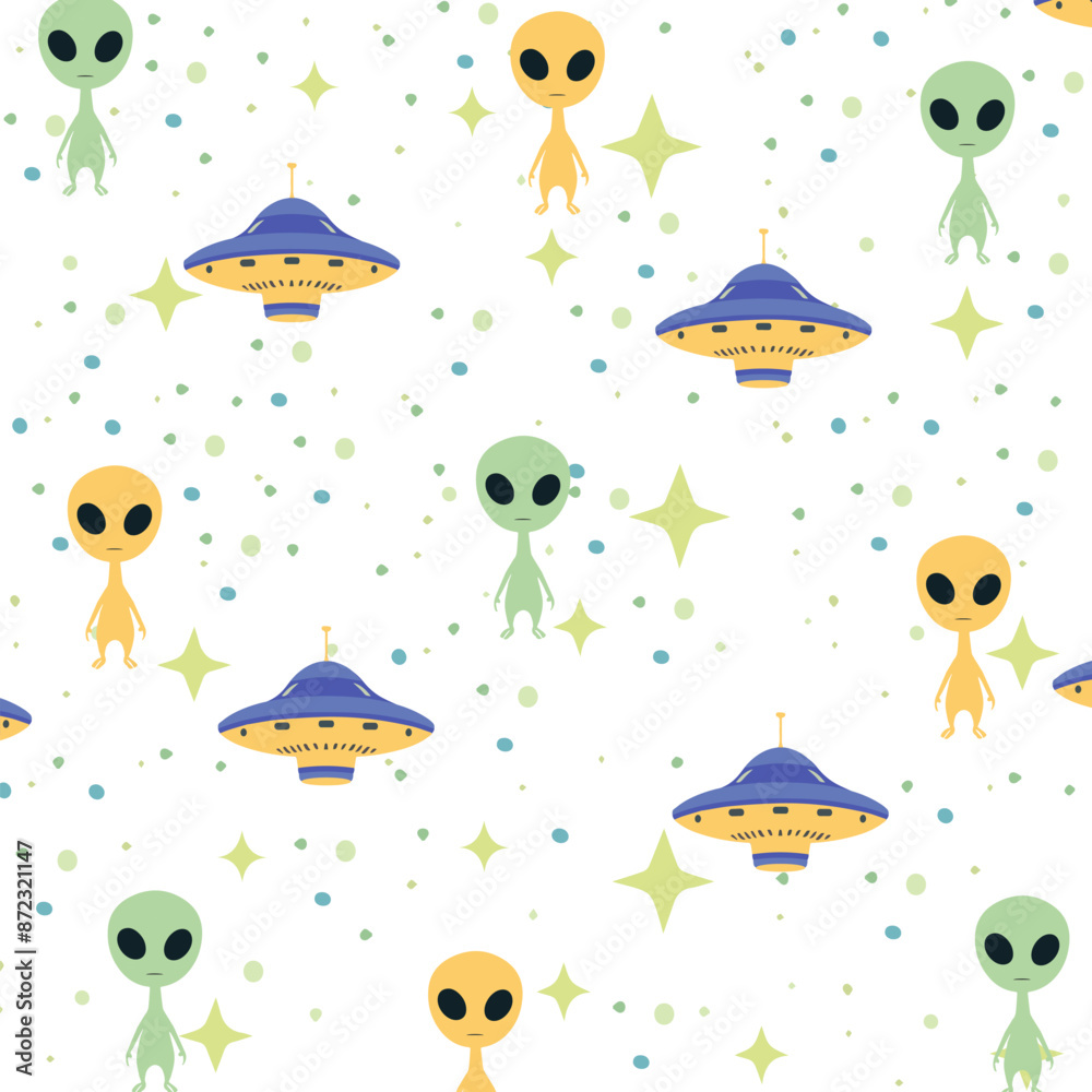 Seamless childish pattern with Flying Saucers, UFO, cute aliens. Vector background and texture for fabric, wrapping, wallpaper, textile, apparel, cover Seamless childish pattern with Flying Saucers, UFO, cute aliens. Vector background and texture for fabric, wrapping, wallpaper, textile, apparel, cover