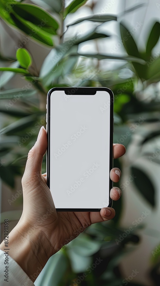 A hand displays a blank smartphone screen in front of an indoor greenery setting, illustrating the fusion of technology with the calming presence of houseplants. A hand displays a blank smartphone screen in front of an indoor greenery setting, illustrating the fusion of technology with the calming presence of houseplants.