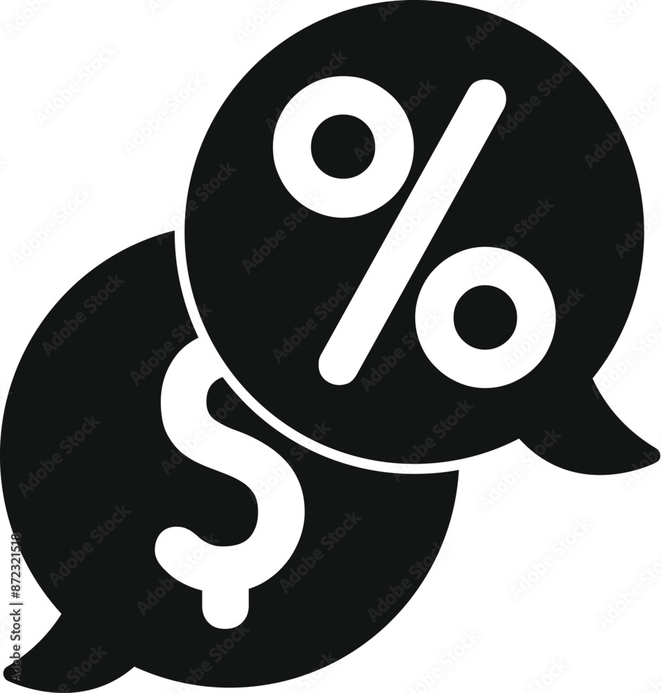 Black and white icon of two speech bubbles overlapping, one with a dollar sign and one with a percentage symbol, representing financial negotiation Black and white icon of two speech bubbles overlapping, one with a dollar sign and one with a percentage symbol, representing financial negotiation