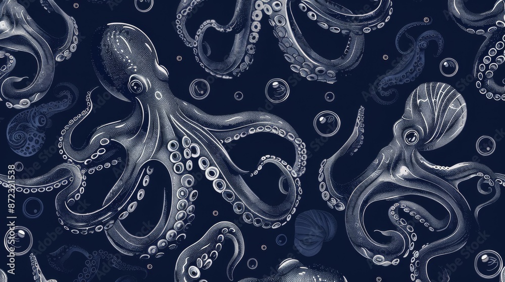 The navy blue themed pattern showcases octopuses with highly detailed tentacles, set against a dark background, emphasizing the fluidity and grace of marine creatures. The navy blue themed pattern showcases octopuses with highly detailed tentacles, set against a dark background, emphasizing the fluidity and grace of marine creatures.