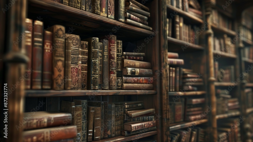 A close-up view of a wooden bookshelf, crammed with well-preserved old, antique books. The image captures the intricate details of the leather-bound volumes and their rich history. A close-up view of a wooden bookshelf, crammed with well-preserved old, antique books. The image captures the intricate details of the leather-bound volumes and their rich history.