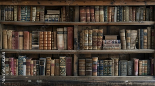 An old wooden bookshelf brimming with a collection of antique leather-bound books. The worn covers and varied volumes speak of enduring knowledge and rich history. photo