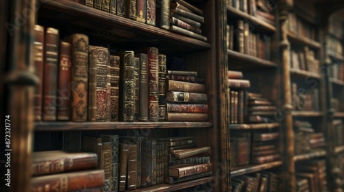 A close-up view of a wooden bookshelf, crammed with well-preserved old, antique books. The image captures the intricate details of the leather-bound volumes and their rich history. photo
