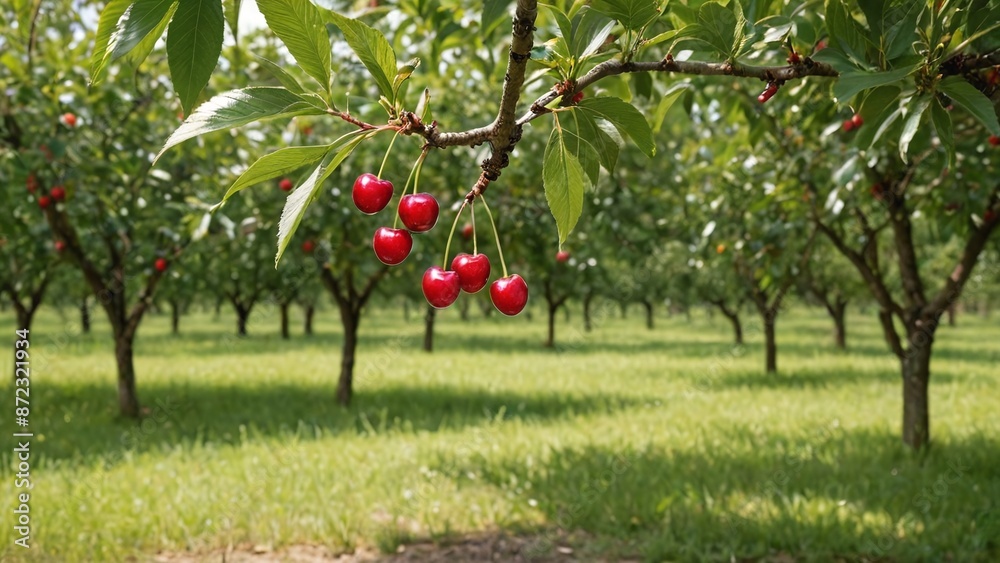 Bountiful Harvest Ripe Cherries in Vibrant Red Among Lush Greenery Bountiful Harvest Ripe Cherries in Vibrant Red Among Lush Greenery