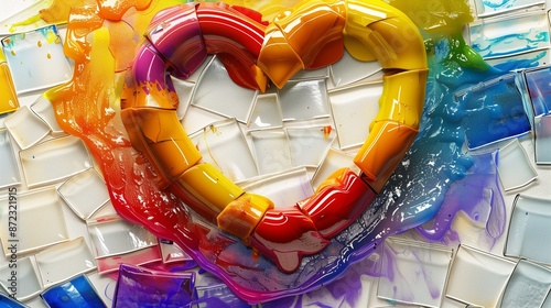 A heart-shaped symbol made from colored wax, melted into a mosaic tile pattern with various bright colors on a white background.
