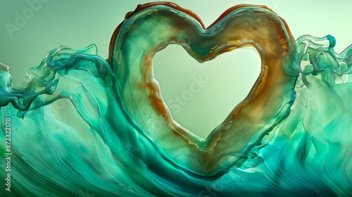 A heart-shaped symbol created from colored wax, melted into a tranquil ocean wave pattern with gradients of turquoise, teal, and seafoam green.