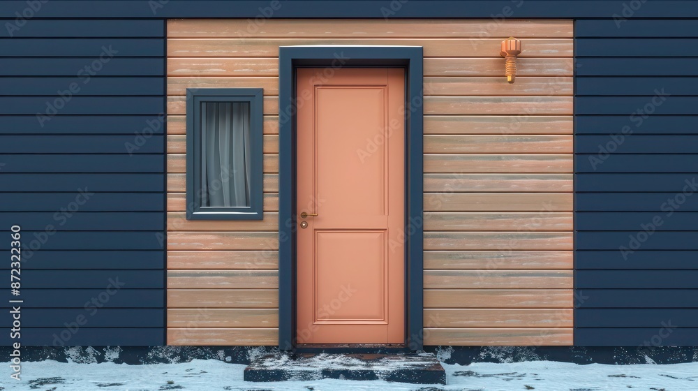 soft peach door with classic wood paneling on a dark blue modern house, soft and warm in a wintry urban setting soft peach door with classic wood paneling on a dark blue modern house, soft and warm in a wintry urban setting