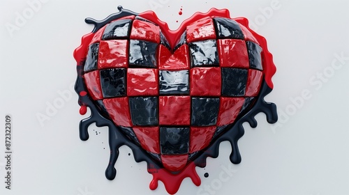 A heart-shaped symbol created from colored wax, melted into a checkerboard pattern with black and red squares, isolated on solid white background.