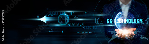 6G Technology Concept. Businessman Holding Global Network Connection on Social Networking and High-Speed Connectivity, Advanced Communication, Seamless Integration, Technology and Innovation. photo