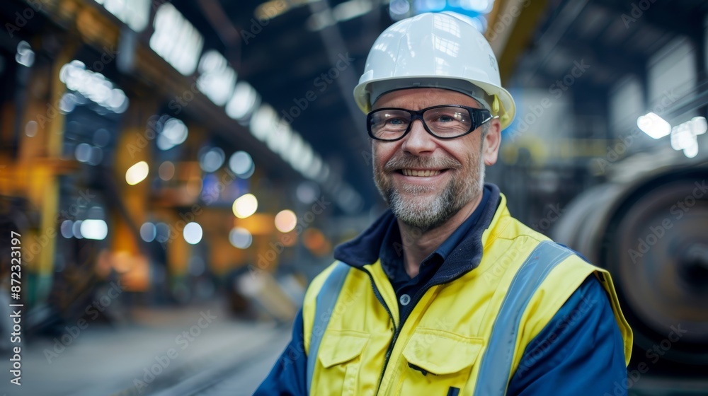 Professional Heavy Industry Engineer/Worker with a smile, wearing a hard hat and safety uniform portrait. Large Industrial Factory in the Background with Unfocus Professional Heavy Industry Engineer/Worker with a smile, wearing a hard hat and safety uniform portrait. Large Industrial Factory in the Background with Unfocus