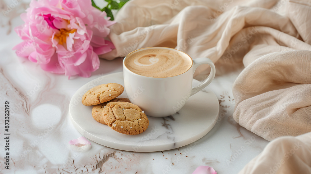 Coffee and cookies with pink peonies on marble table Coffee and cookies with pink peonies on marble table