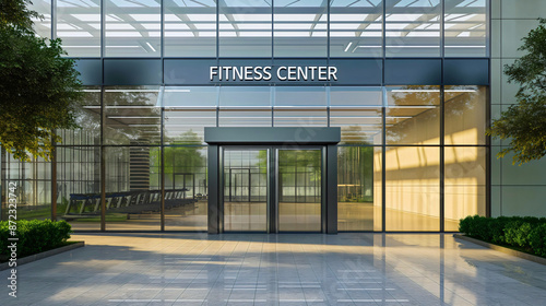 Exterior view of fitness center entrance glass door and windows. Modern gym building architecture front view, workout, training or exercise activity city or town sport structure,healthy lifestyle club photo