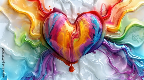 A heart-shaped symbol crafted from colored wax, melted into a vibrant tie-dye pattern with swirling rainbow colors isolated on a white background.