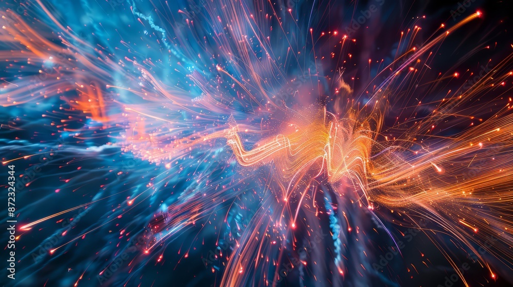 A long exposure photograph capturing multiple fireworks streaks across the sky