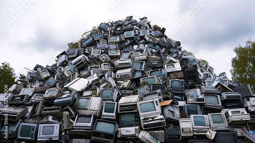 massive piles of old, discarded electronic devices, primarily vintage computer monitors and related technology, forming towering junk hills.
